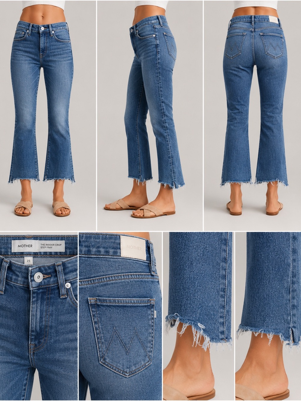 MOTHER insider crop fray Mid-Wash Blue Cropped Flare Jeans with Raw Hem 25